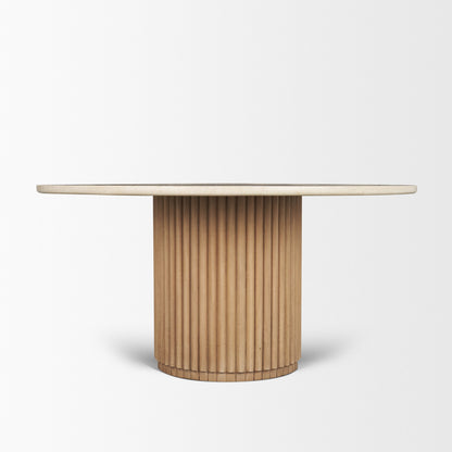 Marbrello 60" Botticino Marble Top Light Brown Fluted Wood Round Dining Table