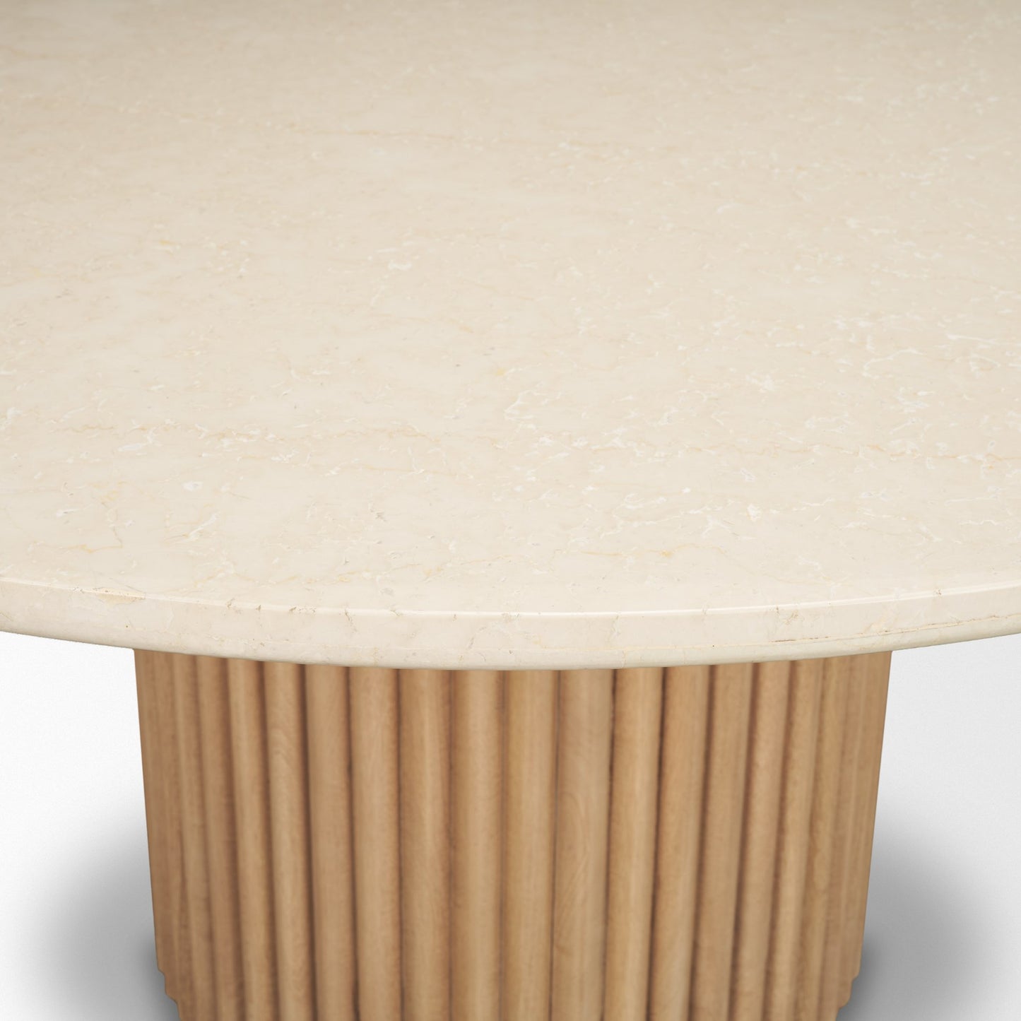 Marbrello 60" Botticino Marble Top Light Brown Fluted Wood Round Dining Table