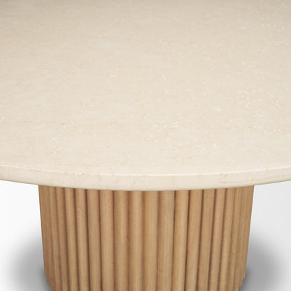 Marbrello 60" Botticino Marble Top Light Brown Fluted Wood Round Dining Table