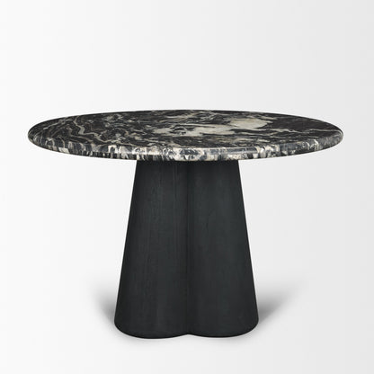 Marilyn Black Forest Marble Black Wood Pedestal Round Dining Table