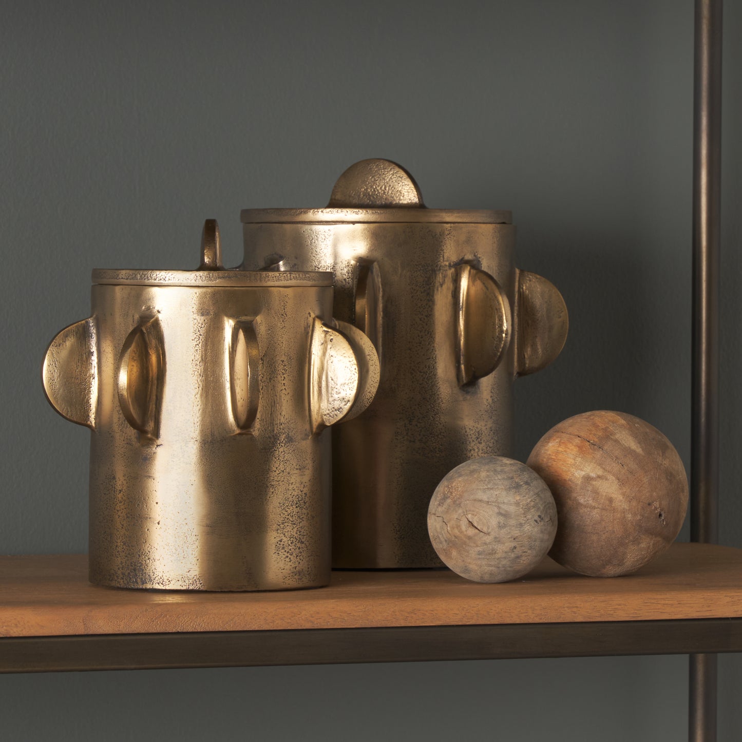 Deacon Small Antiqued Gold Metal Canister with Sculptural Handles