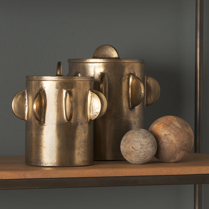 Deacon Small Antiqued Gold Metal Canister with Sculptural Handles