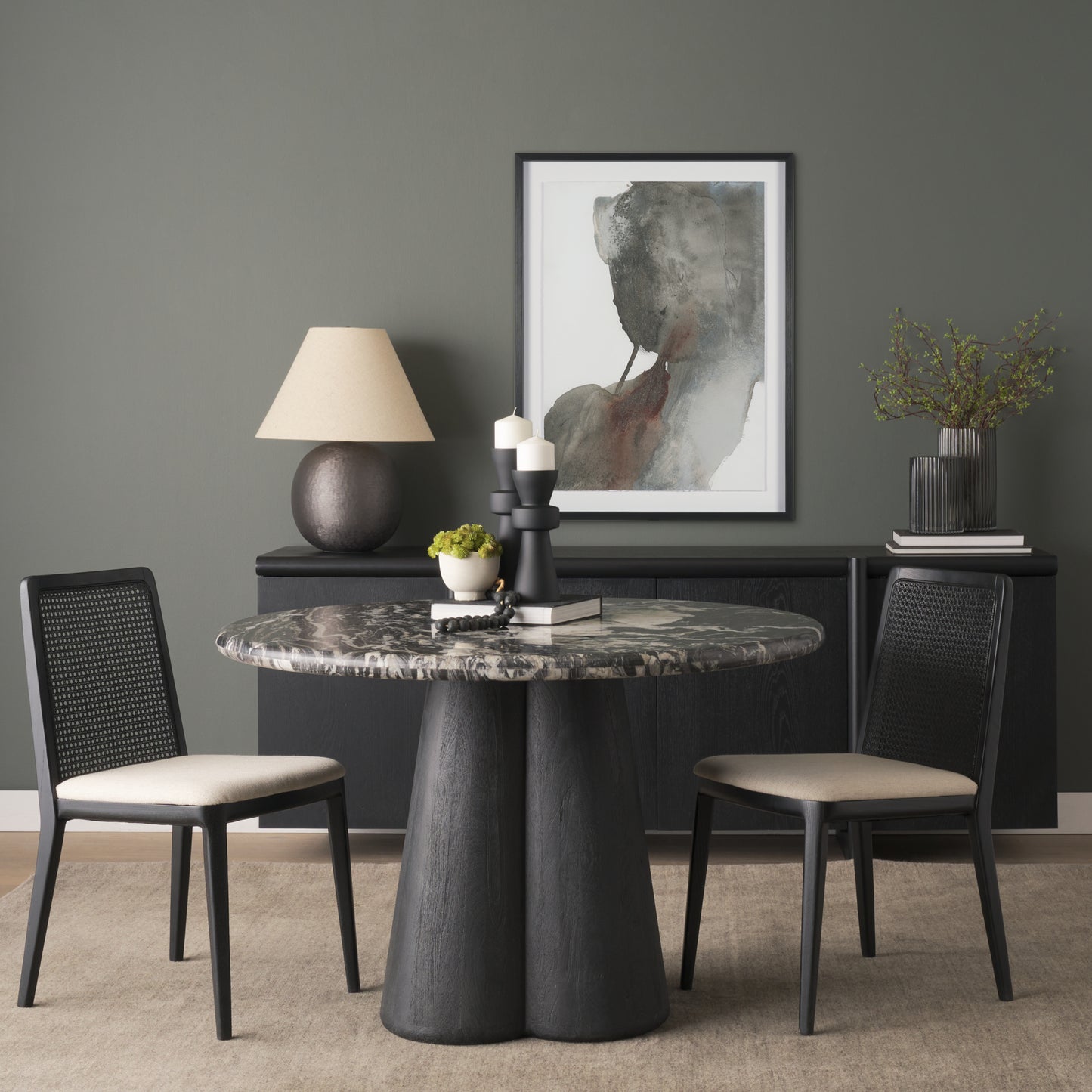 Marilyn Black Forest Marble Black Wood Pedestal Round Dining Table