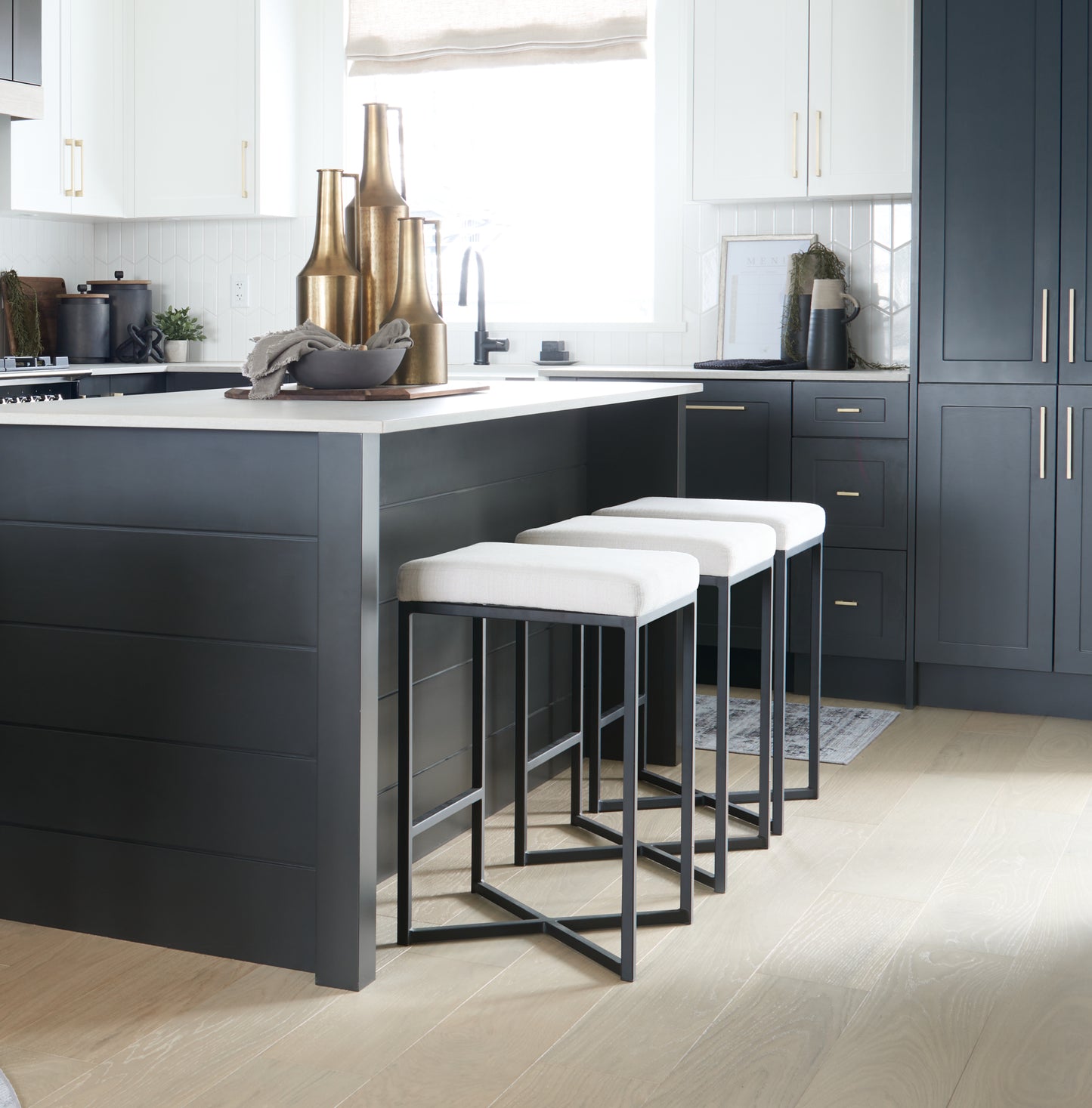 Frodo 26.5" Seat Height White Fabric Seat Black Metal Base Stool