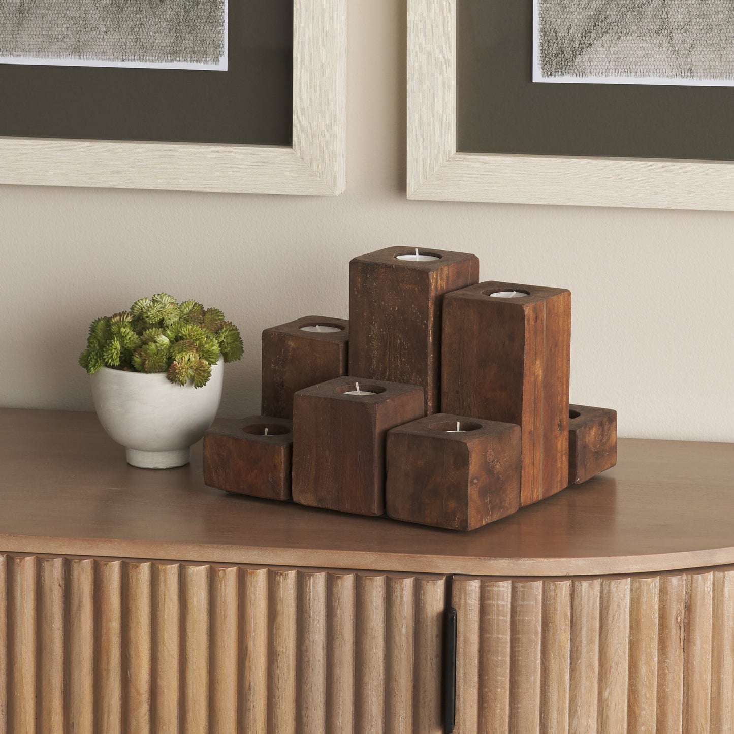 Cassius Light Brown Nine Wood Block Table Candle Holder