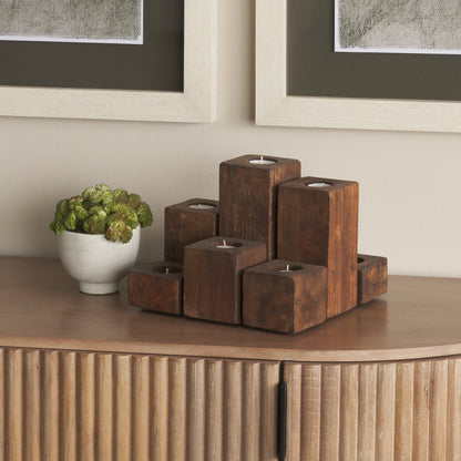 Cassius Light Brown Nine Wood Block Table Candle Holder
