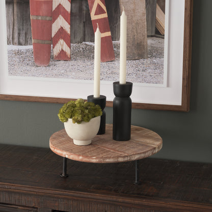 Cedric 15L x 15W x 6H Round Light Brown Wood w/ Black Metal Legs Decorative Display Stand