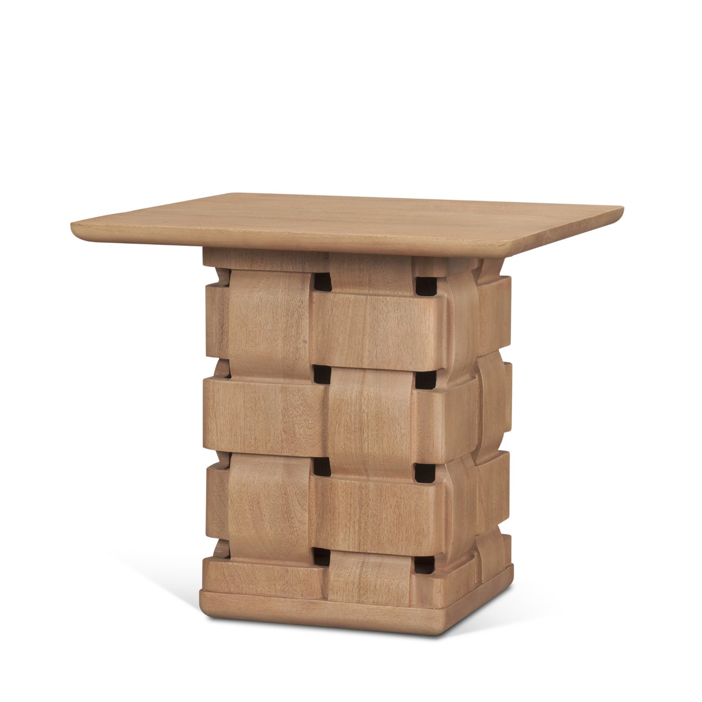 Trellyn Light Brown Wood w/ Carved Woven Base Square Accent Table