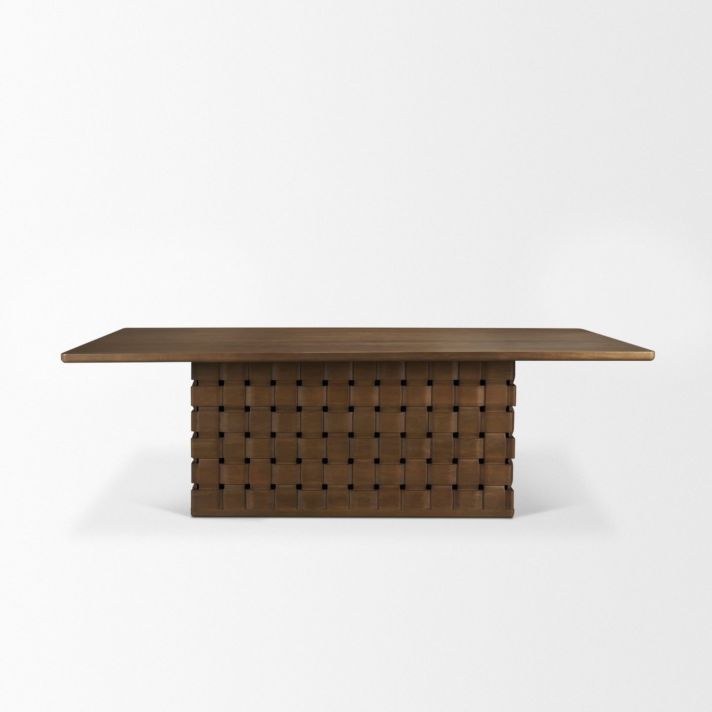 Trellyn 94" Dark Brown Solid Wood Carved Woven Base Rectangular Dining Table