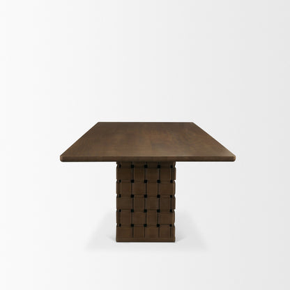 Trellyn 94" Dark Brown Solid Wood Carved Woven Base Rectangular Dining Table