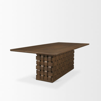 Trellyn 94" Dark Brown Solid Wood Carved Woven Base Rectangular Dining Table