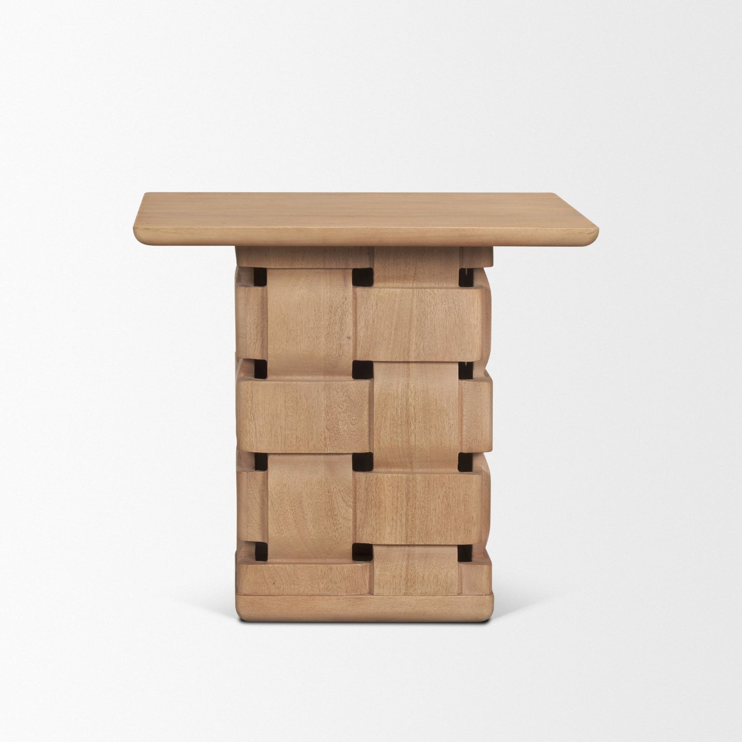 Trellyn Light Brown Wood w/ Carved Woven Base Square Accent Table