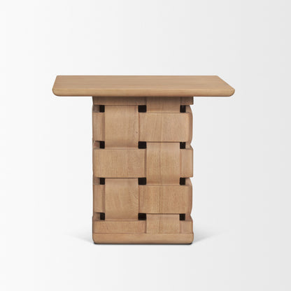 Trellyn Light Brown Wood w/ Carved Woven Base Square Accent Table