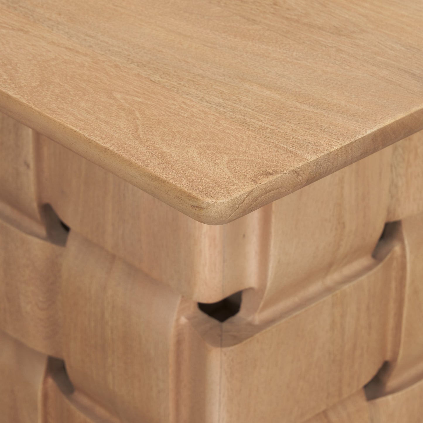 Trellyn Light Brown Wood w/ Carved Woven Base Square Accent Table