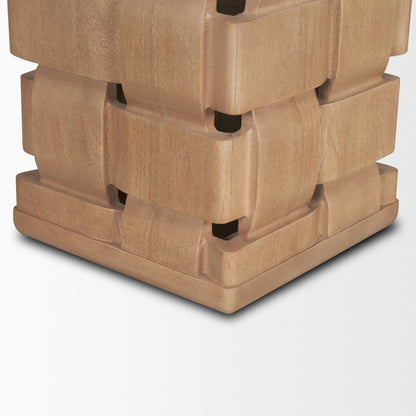 Trellyn Light Brown Wood w/ Carved Woven Base Square Accent Table