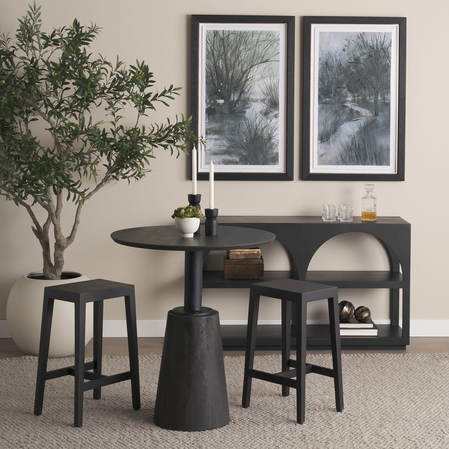 Maxwell 32" Round Black-Brown Wood w/ Black Metal Pedestal Bistro Table