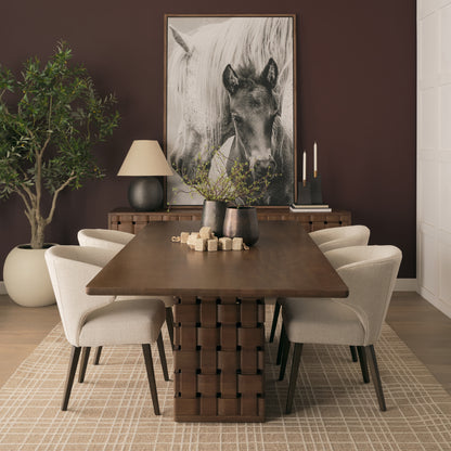 Trellyn 94" Dark Brown Solid Wood Carved Woven Base Rectangular Dining Table