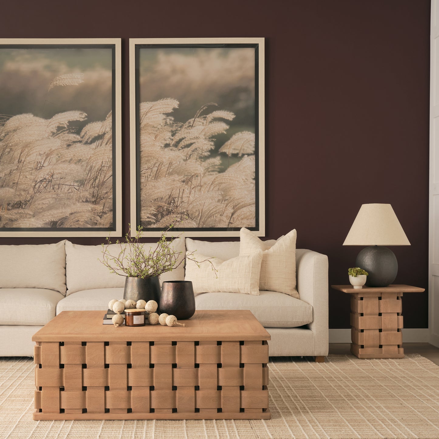 Trellyn Light Brown Wood w/ Carved Woven Base Square Accent Table