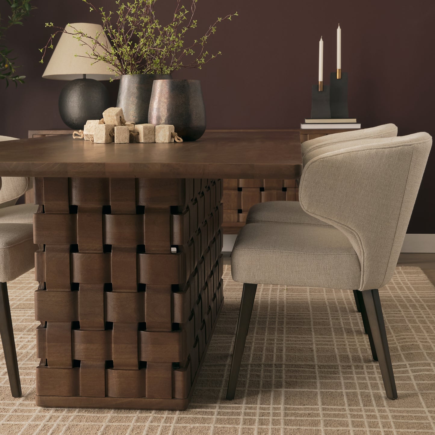 Trellyn 94" Dark Brown Solid Wood Carved Woven Base Rectangular Dining Table