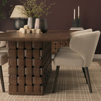 Trellyn 94" Dark Brown Solid Wood Carved Woven Base Rectangular Dining Table