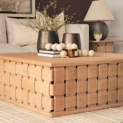 Trellyn 48" Light Brown Wood w/ Carved Woven Base Square Coffee Table