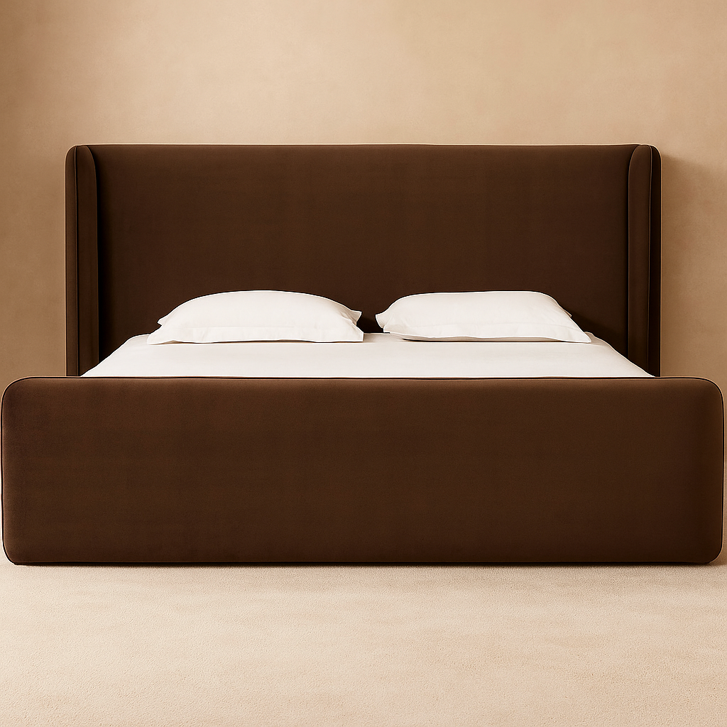 Nohma Velvet Upholstered Wingback Platform Bed in Cola