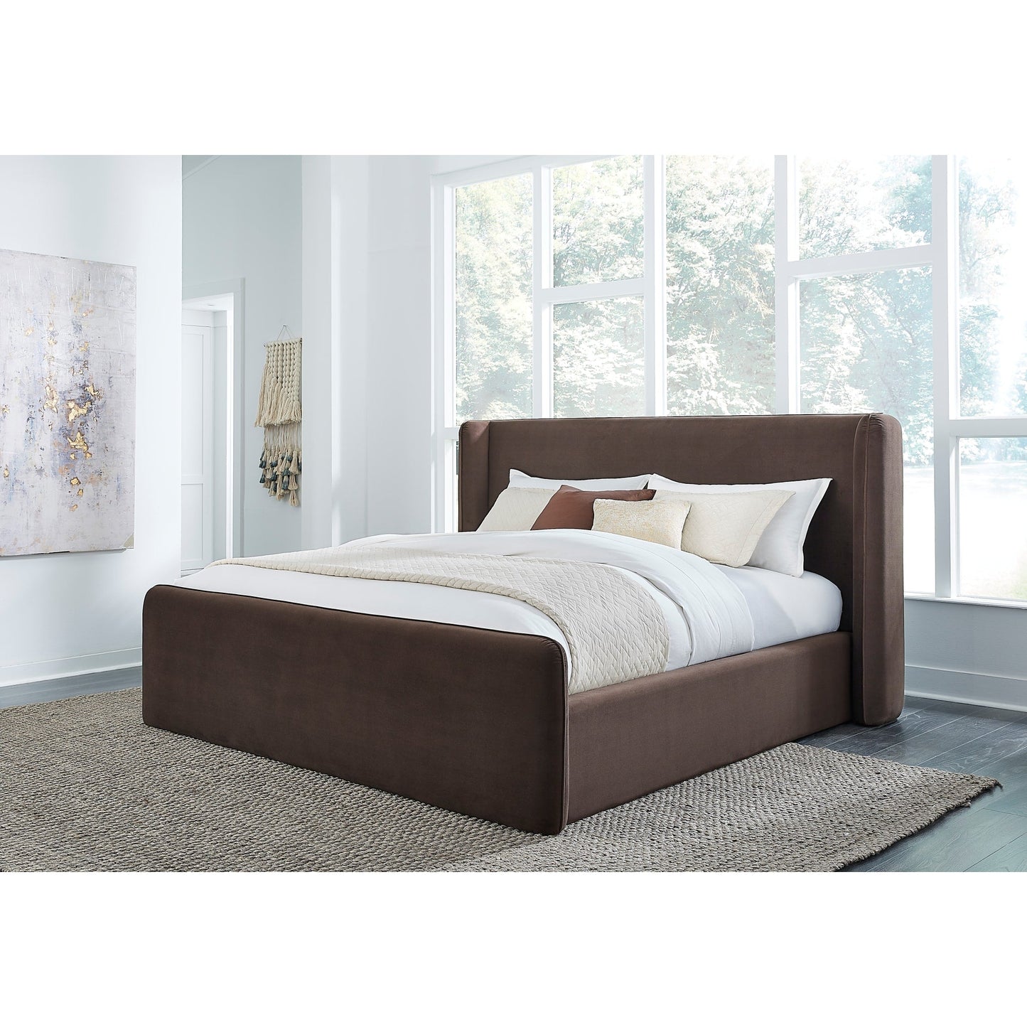 Bacall Velvet Upholstered Wingback Platform Bed in Cola