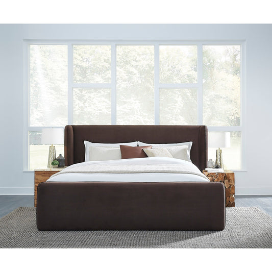 Bacall Velvet Upholstered Wingback Platform Bed in Cola