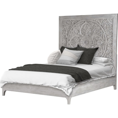 Boho Chic Carved Platform Bed in Washed White