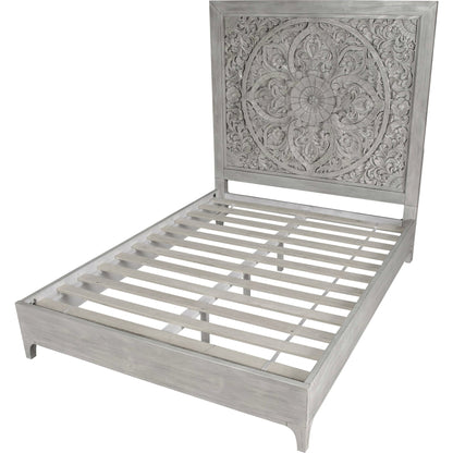 Boho Chic Carved Platform Bed in Washed White