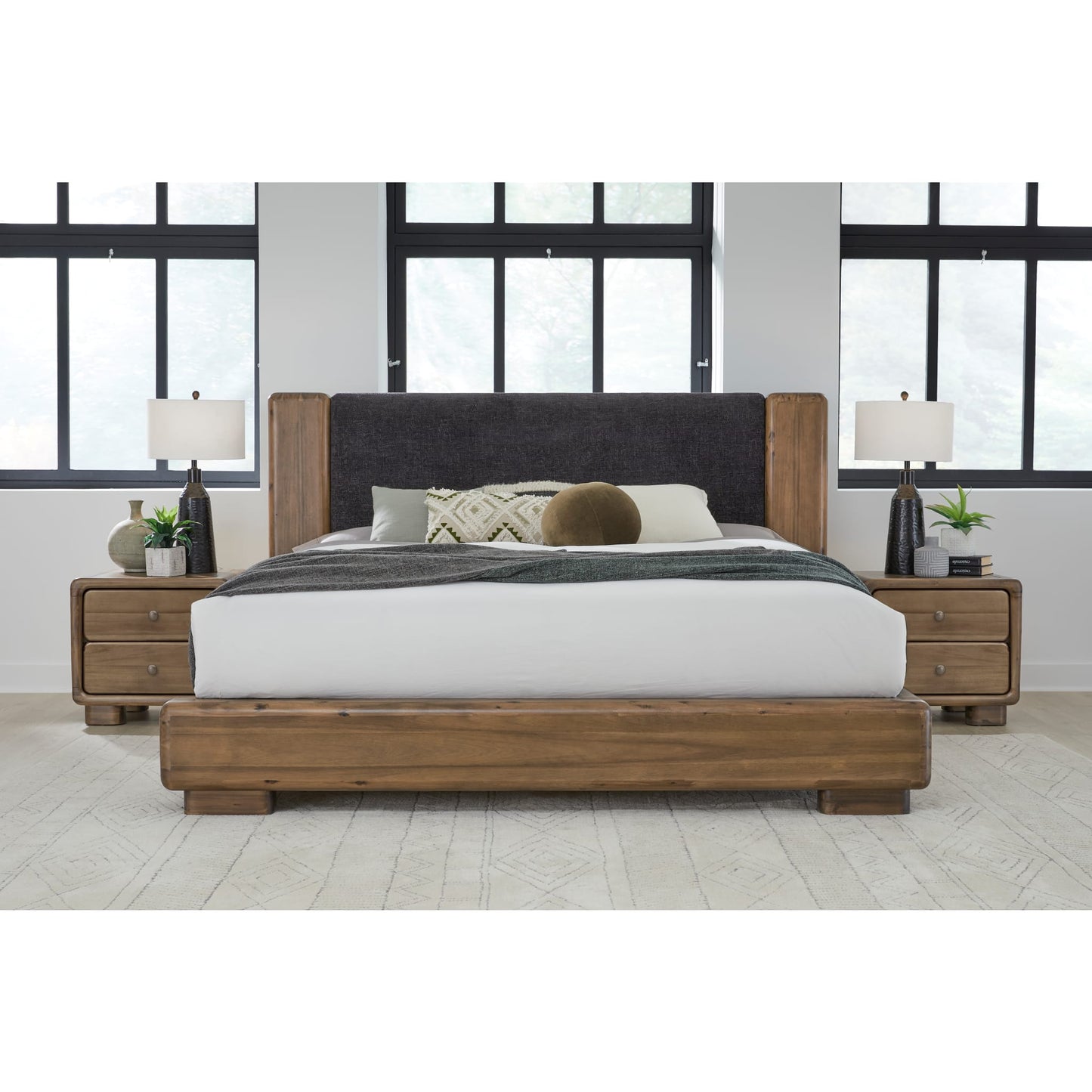 Boka Chenille Upholstered Acacia Wood Platform Bed in Black and Impala