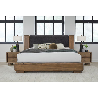 Boka Chenille Upholstered Acacia Wood Platform Bed in Black and Impala
