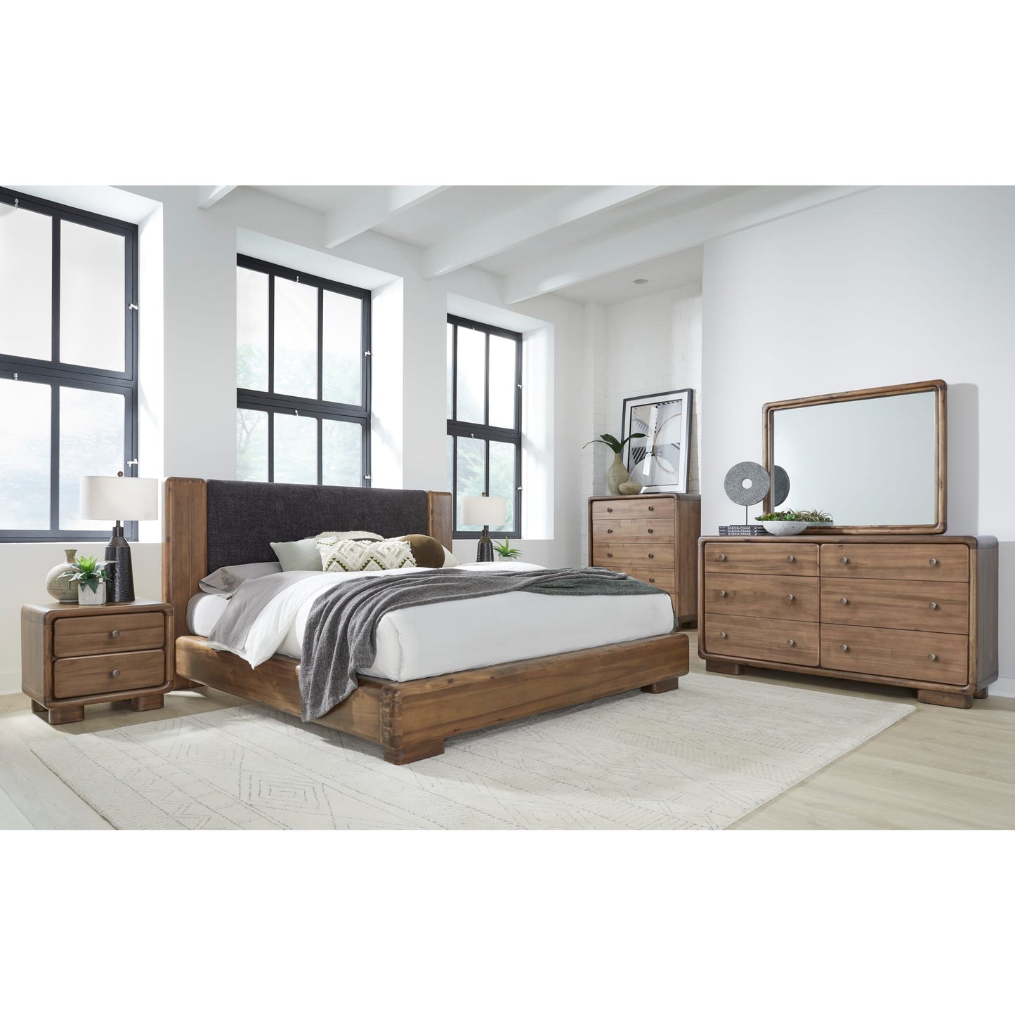 Boka Chenille Upholstered Acacia Wood Platform Bed in Black and Impala