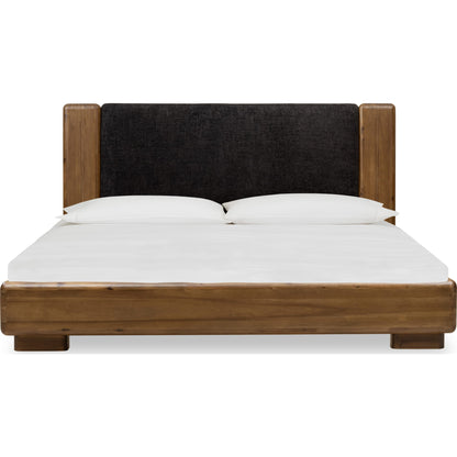 Boka Chenille Upholstered Acacia Wood Platform Bed in Black and Impala