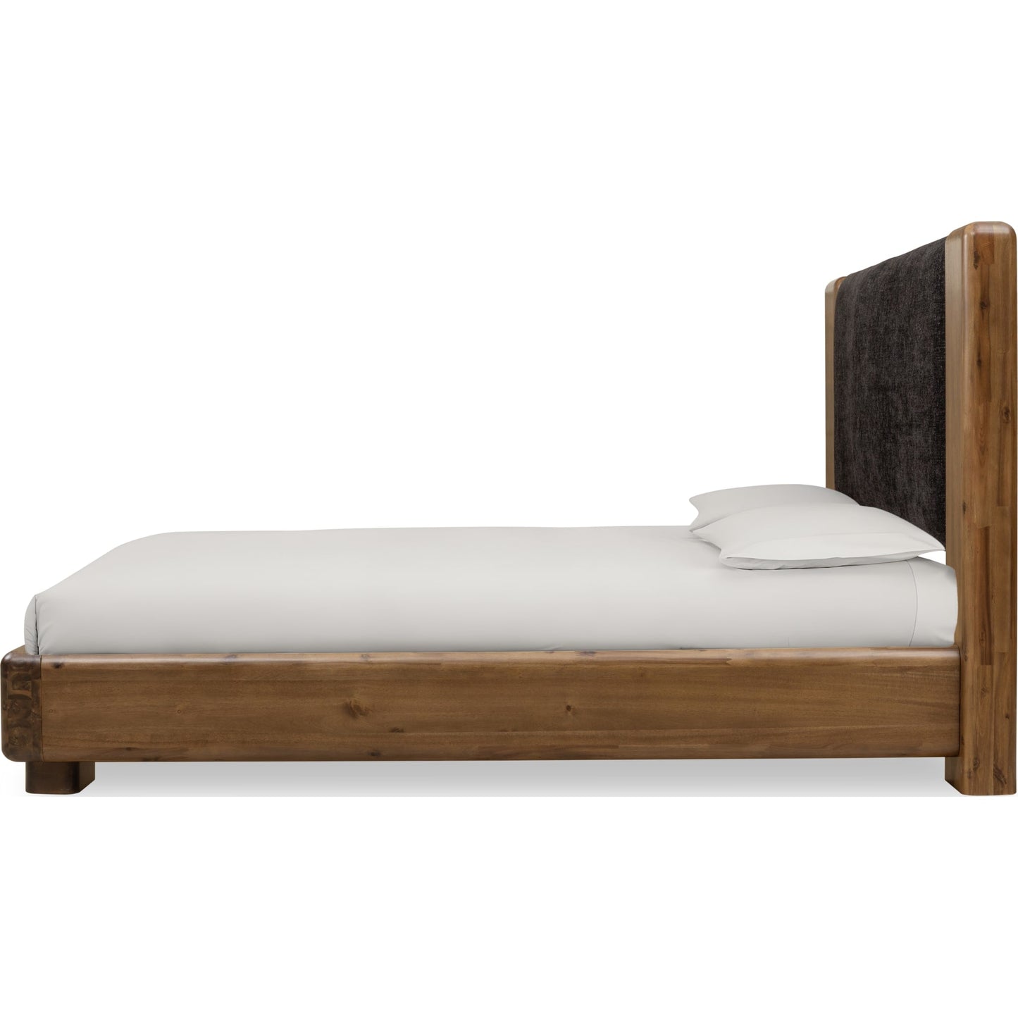 Boka Chenille Upholstered Acacia Wood Platform Bed in Black and Impala
