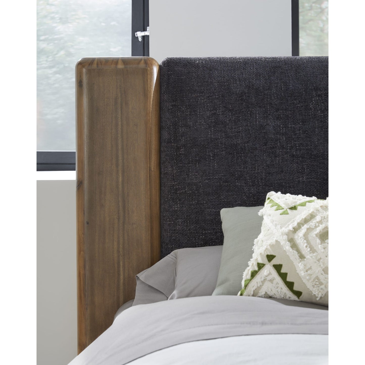 Boka Chenille Upholstered Acacia Wood Platform Bed in Black and Impala