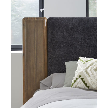 Boka Chenille Upholstered Acacia Wood Platform Bed in Black and Impala