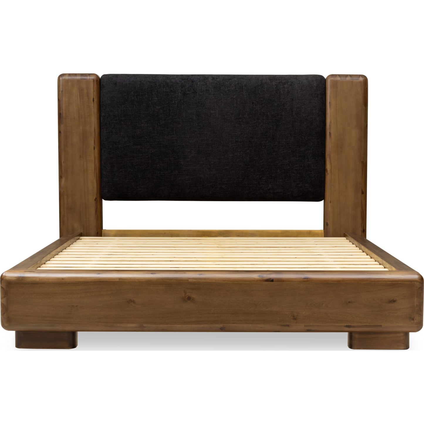 Boka Chenille Upholstered Acacia Wood Platform Bed in Black and Impala