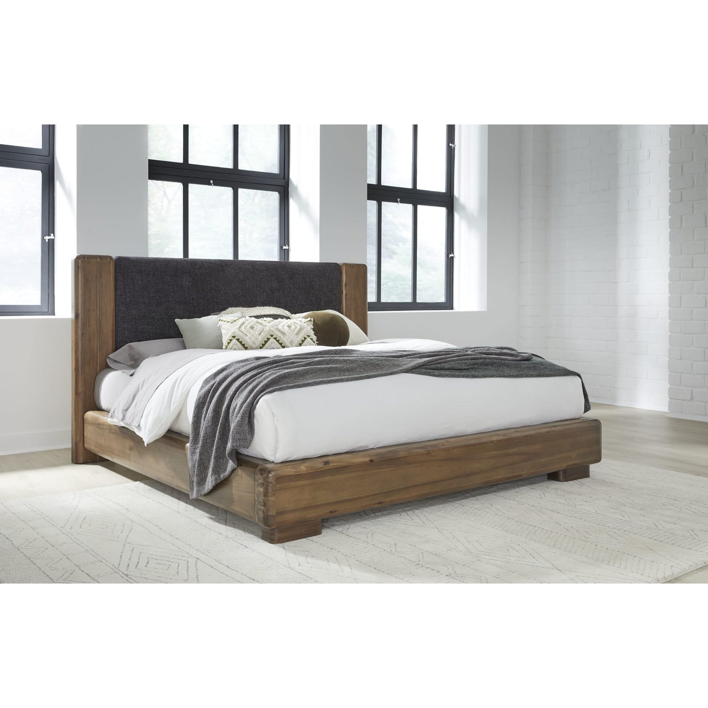 Boka Chenille Upholstered Acacia Wood Platform Bed in Black and Impala