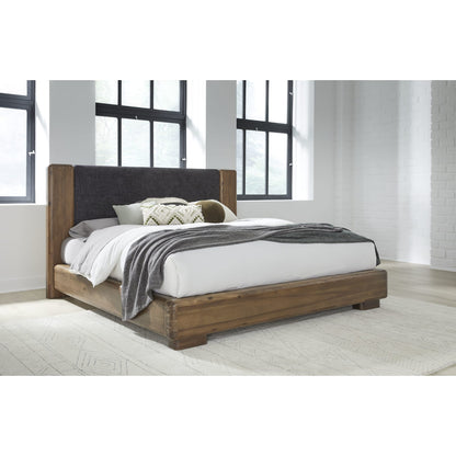 Boka Chenille Upholstered Acacia Wood Platform Bed in Black and Impala