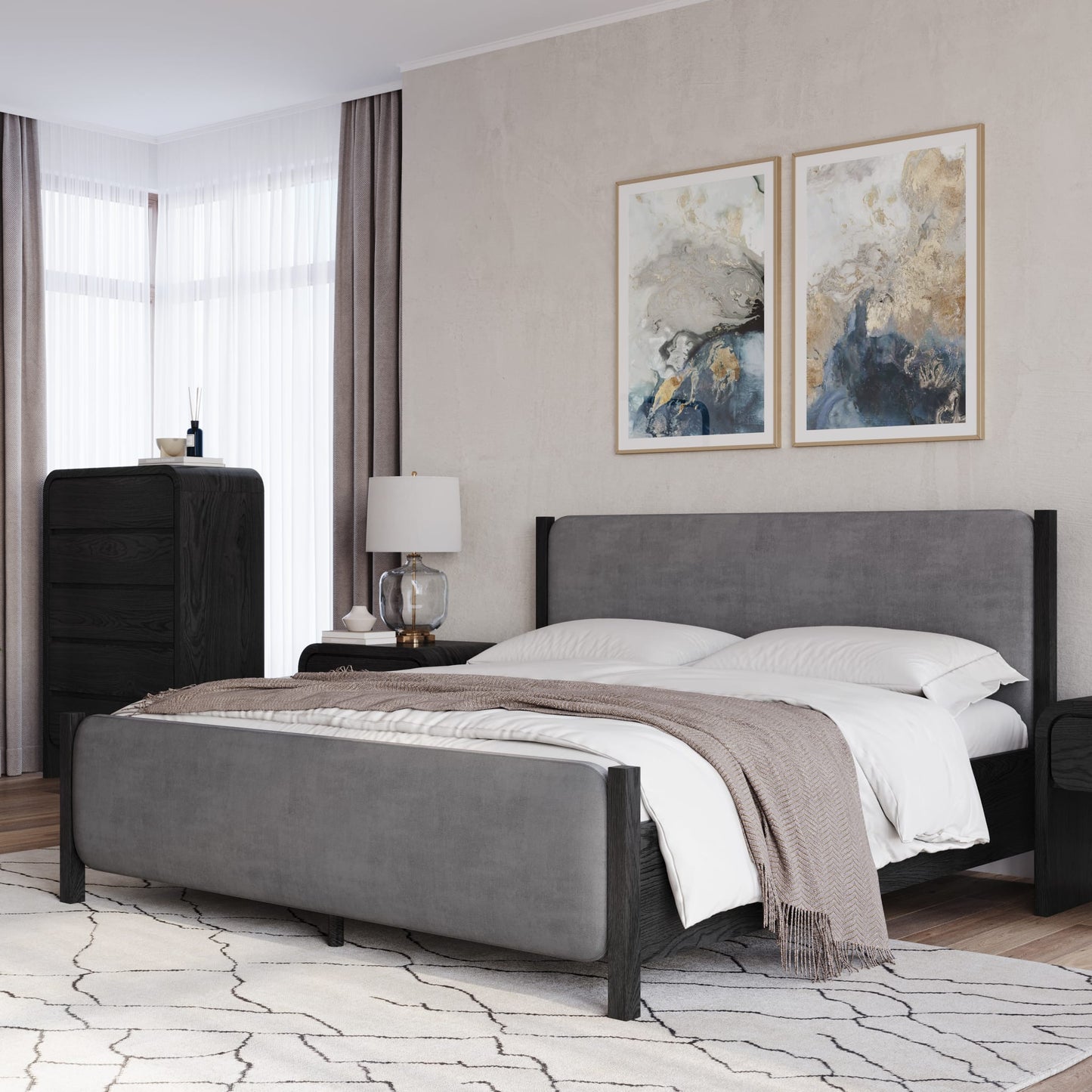 Elora Wood and Velvet Upholstered Bed in Jet and Charcoal