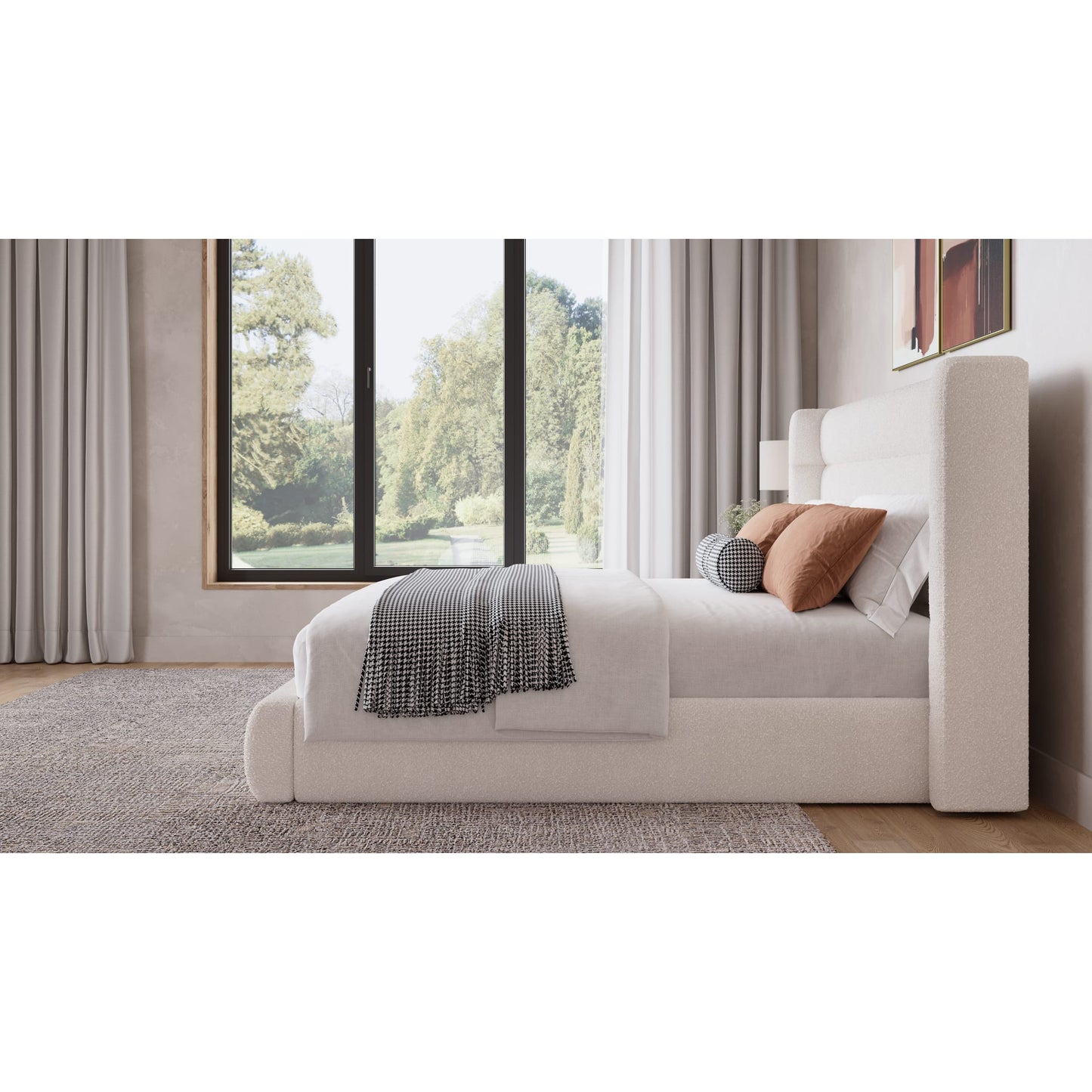 Frank Upholstered Wingback Platform Bed in Cottage Cheese Boucle