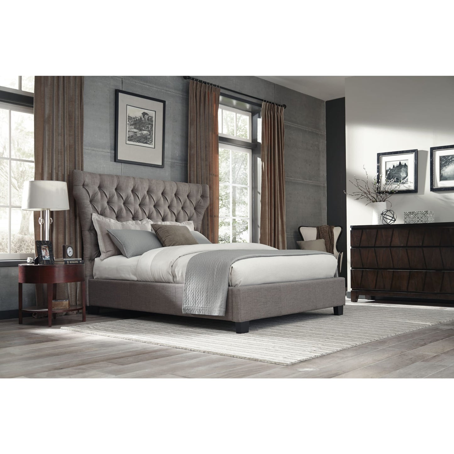 Melina Upholstered Platform Bed in Dolphin Linen