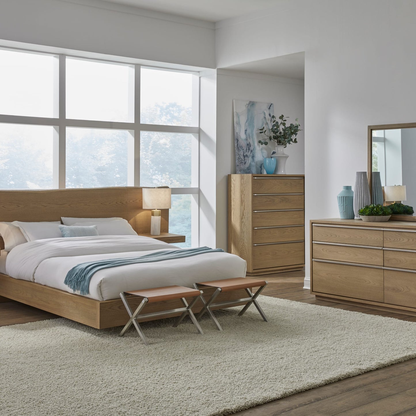 One Coastal Modern Live Edge Wall Bed with Floating Nightstands in Bisque