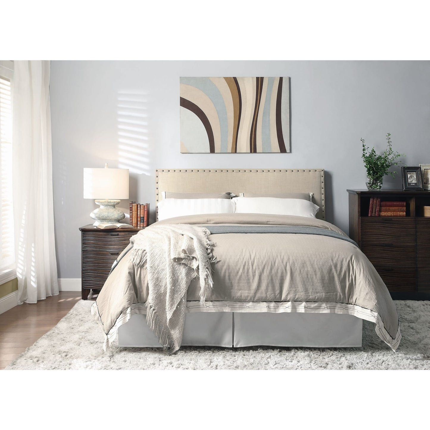 Tavel Nailhead Upholstered Platform Bed in Toast Linen