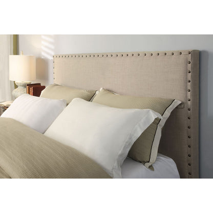 Tavel Nailhead Upholstered Platform Bed in Toast Linen