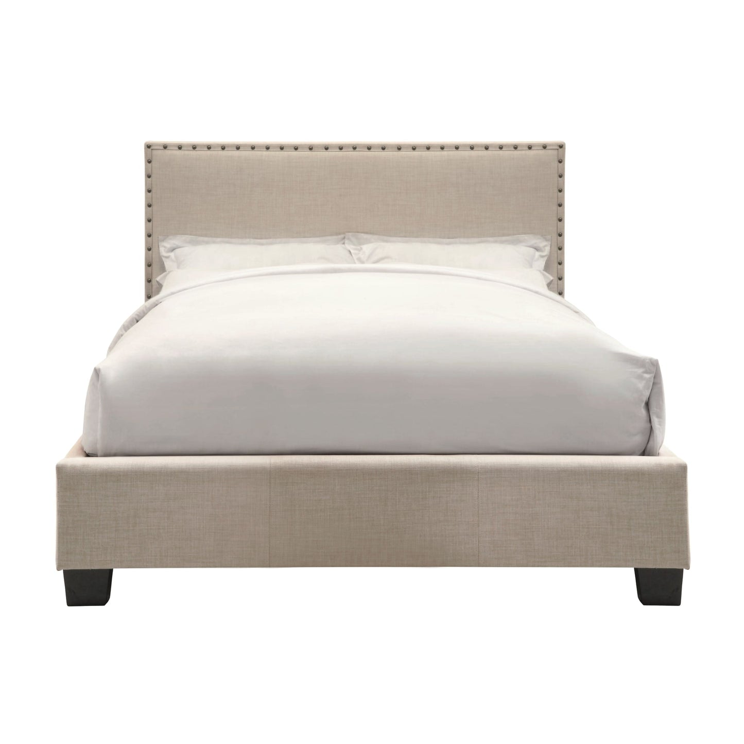 Tavel Nailhead Upholstered Platform Bed in Toast Linen