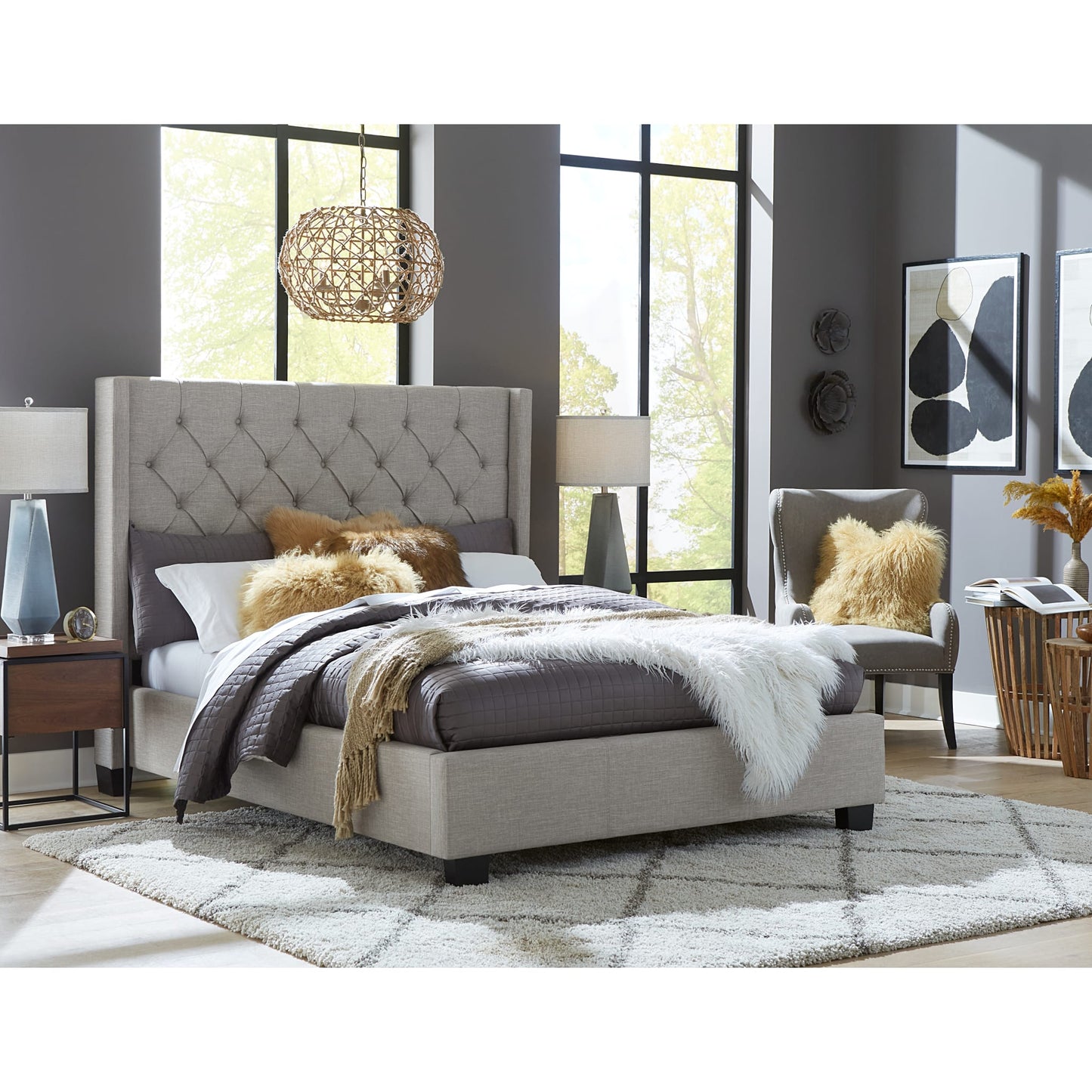 Verona Upholstered Platform Bed in Speckled Grey