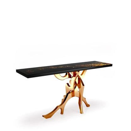 Albero Rose Gold Polished Stainless Steel Base Black Art Large Console Table