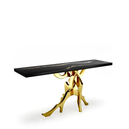 Albero Titanium Gold Polished Stainless Steel Base Black Mountain Large Console Table